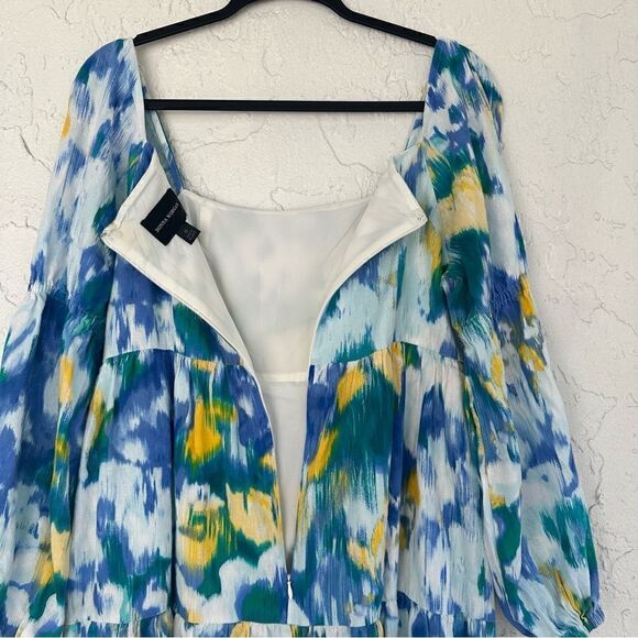 DONNA MORGAN Linen Floral Midi Dress 10 Puff Sleeve Square Neck Bohemian Prairie - Picture 8 of 11